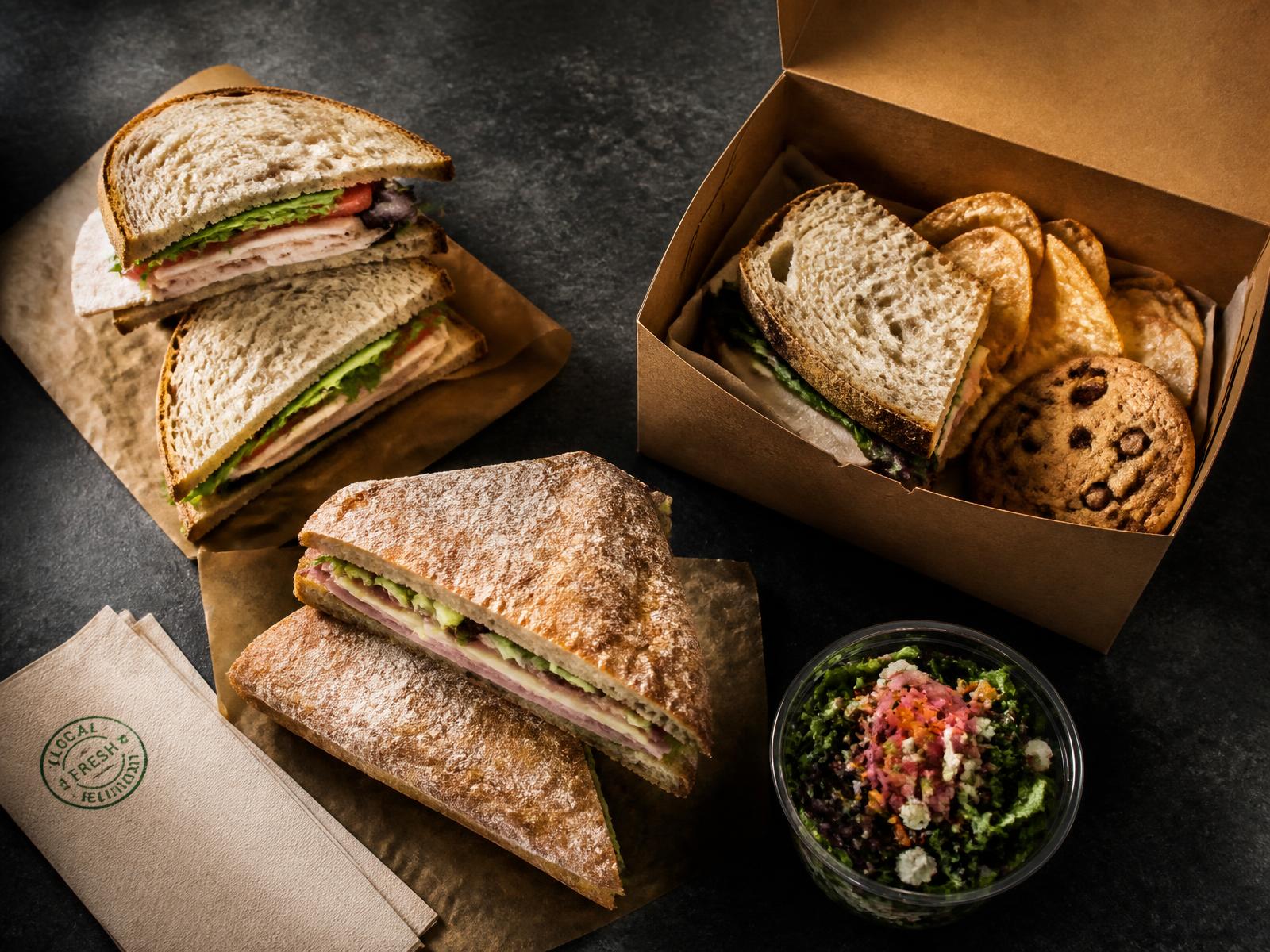 Deli sandwiches on sourdough and ciabatta beside a kraft boxed lunch with chips and a cookie